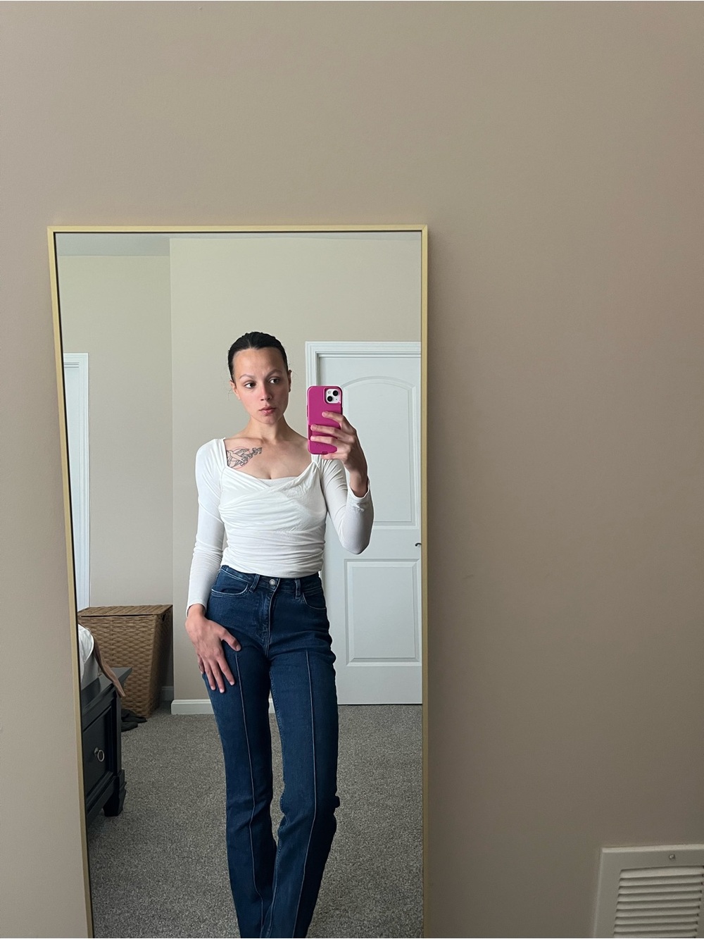Urban Outfitters White Long-Sleeve Ruched Square Neck Top